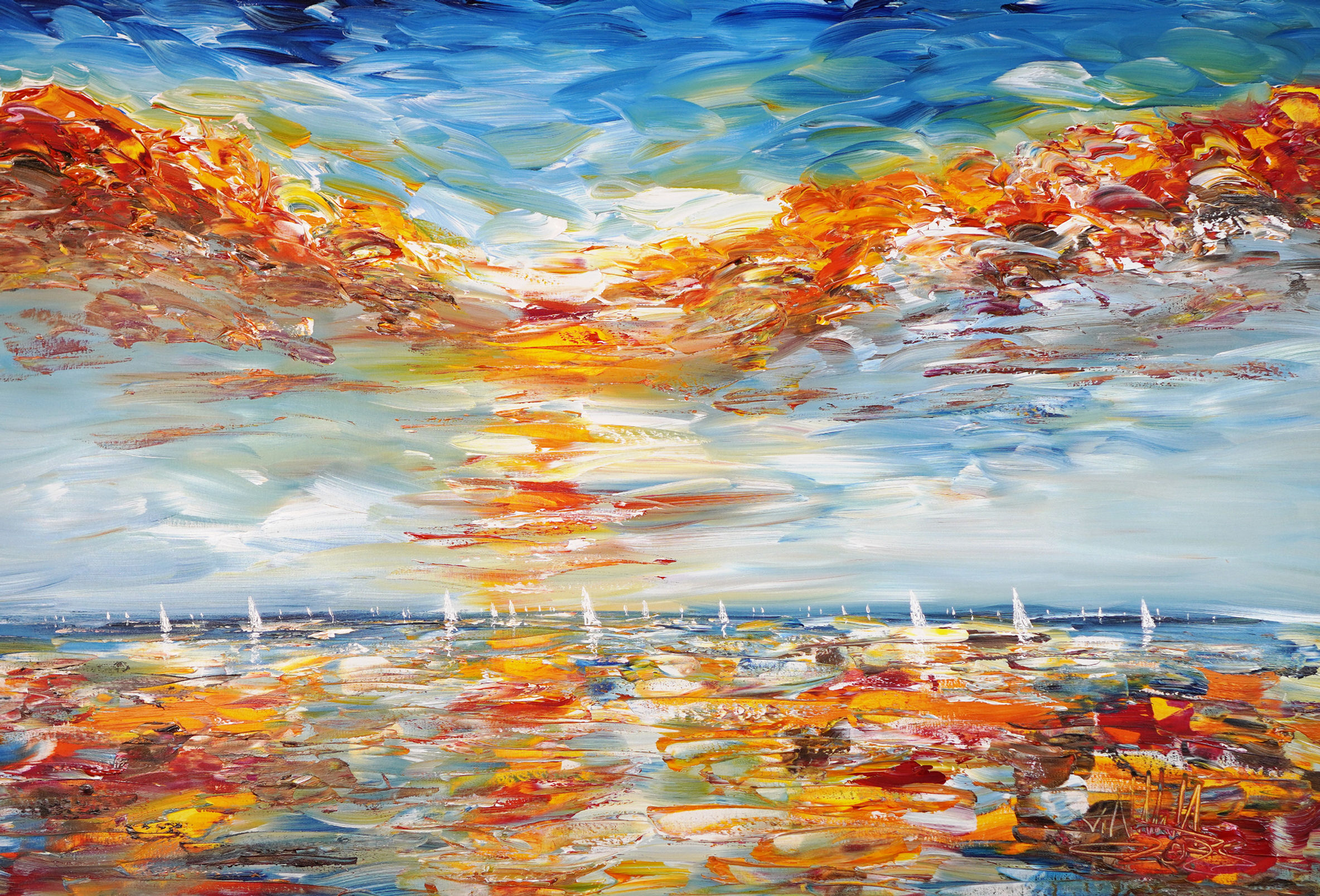 Large sunset sailing artwork by the artist Peter Nottrott in his shop