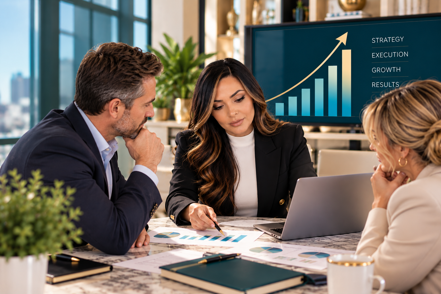 RTK business strategy consultation with clients reviewing revenue growth charts