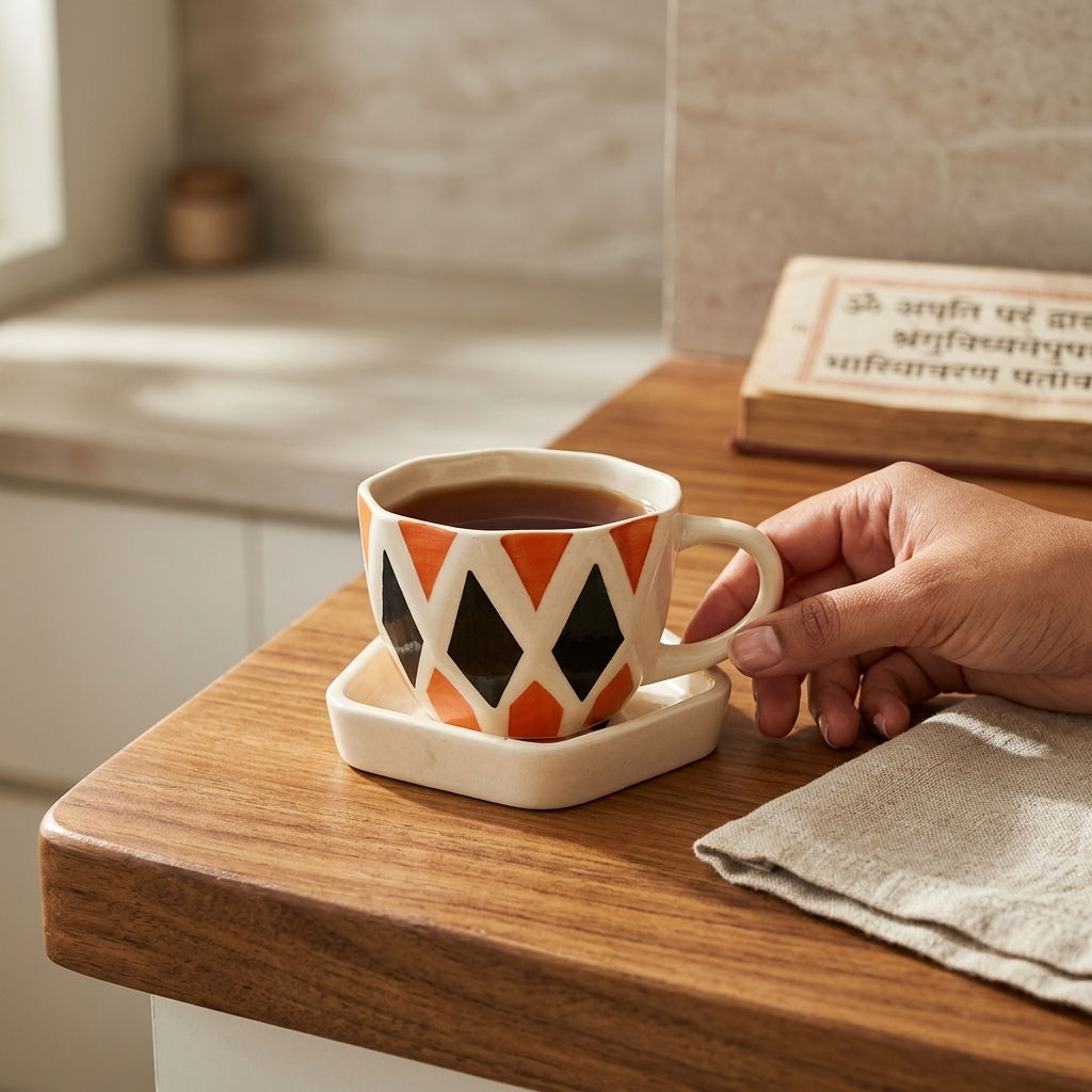 Nonagonal Orange Black Milk Mug Single 1 PC With Tray