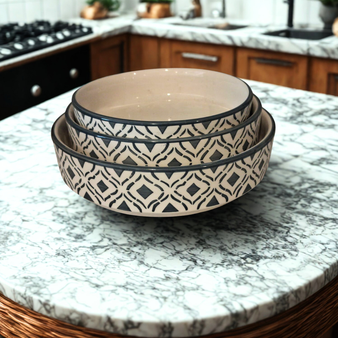 Black Hand Painting On White Salad Snacks Serving Bowl Set Of 3