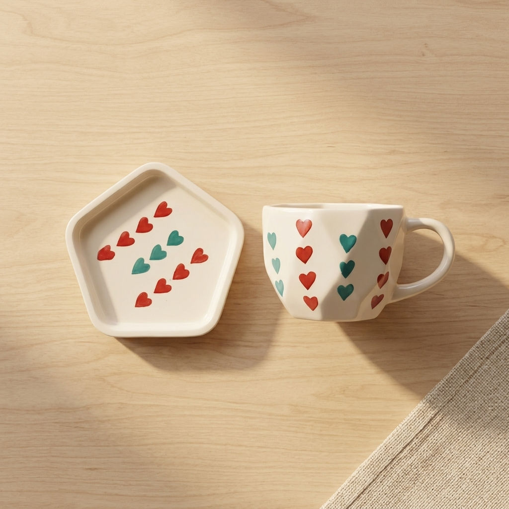 Nonagonal Blue & Red Heart Milk Mug Single 1 PC With Tray