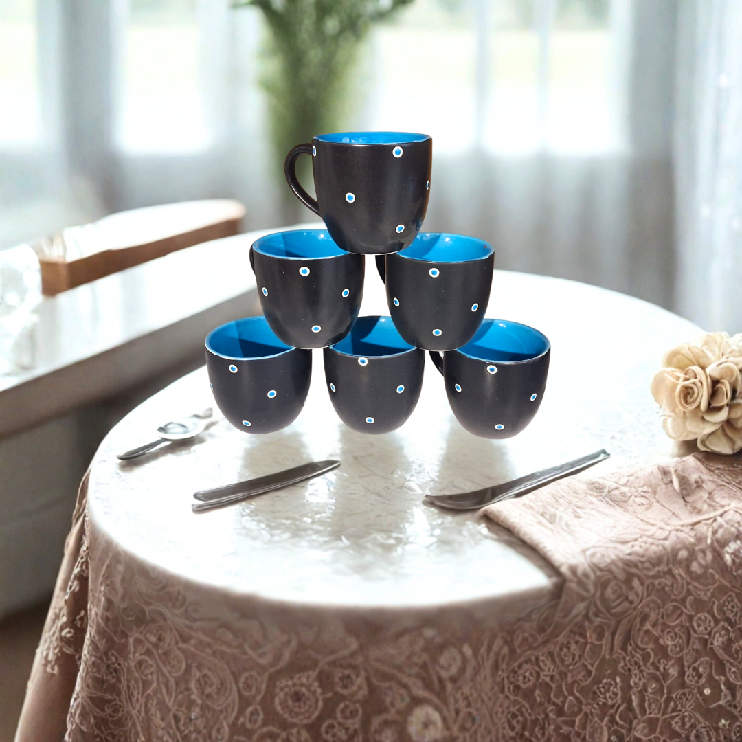 Blue Dot On Black Priya Ceramic Tea Cup Set