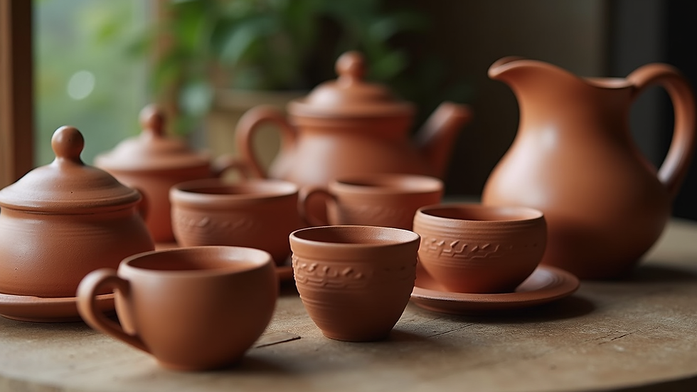 Close-up view of beautifully crafted clay crockery set on a rustic wooden table
