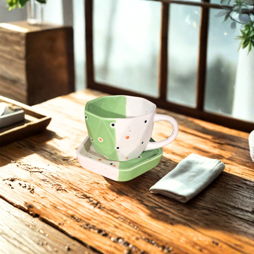 Nonagonal Green & White Milk Mug Single 1 PC With Tray