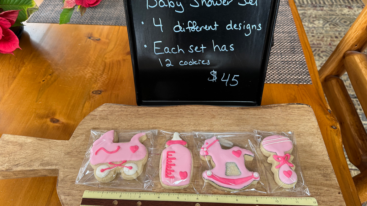 Baby Shower Set with four designs, each set has 12 cookies for $45.