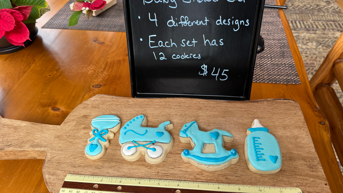 Baby Shower Set with 4 different designs, each set has 12 cookies for $45.