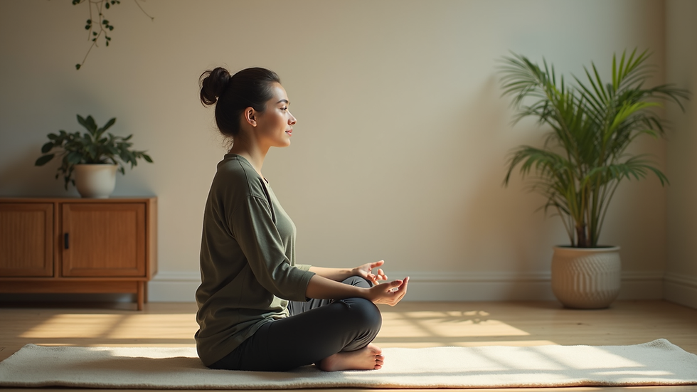 Close-up view of a calm person sitting cross-legged on a soft mat