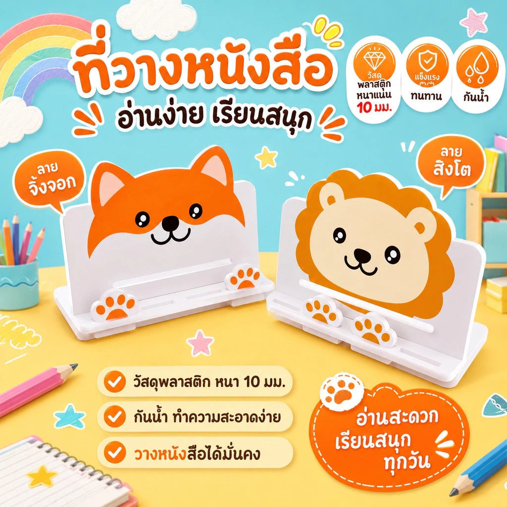 แท่นวางหนังสือสำหรับเด็ก สัตว์น่ารัก - ปรับได้ มีให้เลือก 2 ลาย