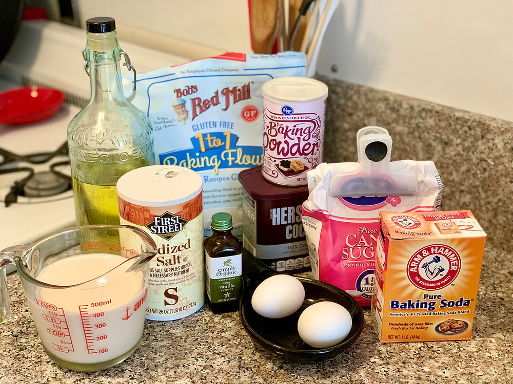 A photo of the ingredients on a speckled countertop.