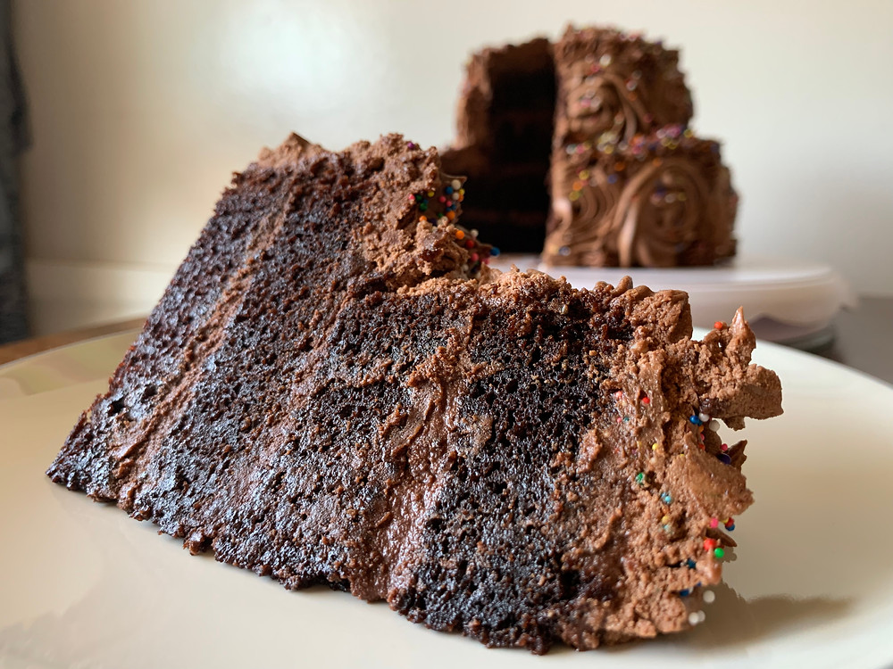 A closeup of the slice of cake so show how moist it is.