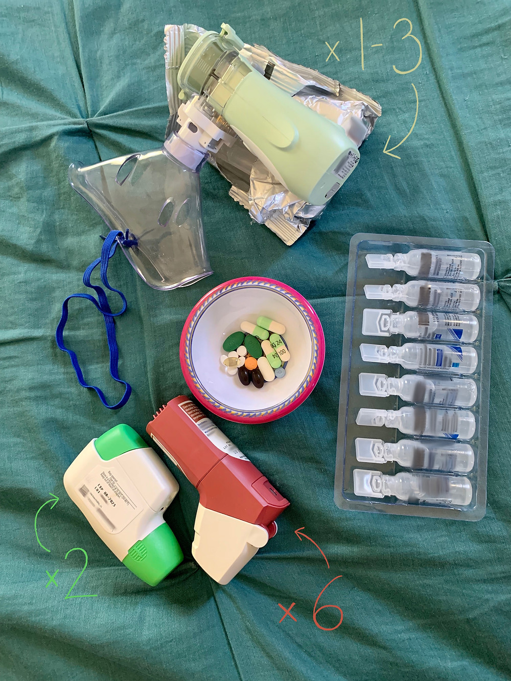 Kathleen's meds on a dark teal bed spread. There are pills in a small bowl, two inhalers, a portable nebulizer, and a collection of vials full of liquid.
