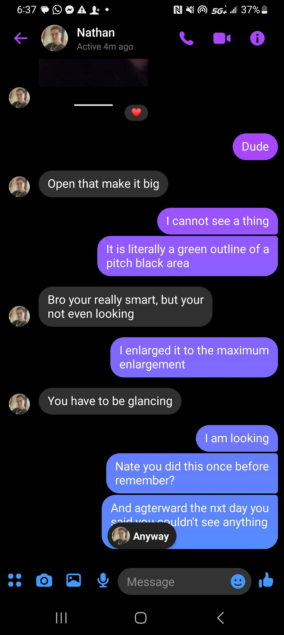 A final screenshot of a Facebook Messenger conversation in which the author's friend tries to convince the author that there is a ghostly face present in a photo of the friend and his ex-girlfriend; the author cannot see anything out of the ordinary, and his responses show that he is getting irritated.