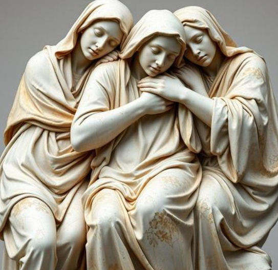 An AI-rendered image showing a statue of three women, their hair covered in shawls and their eyes averted, who are leaning on and comforting each other - in the style of the Pietà .