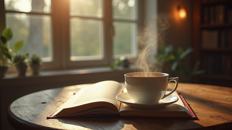 Eye-level view of a cozy reading nook with a steaming cup of tea