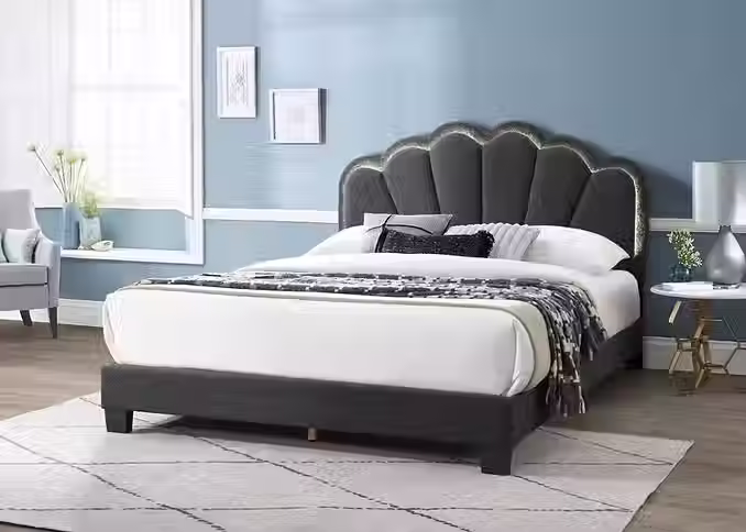 Thumbnail: Scalloped Tufted LED Platform Bed | Wool Fabric Upholstered