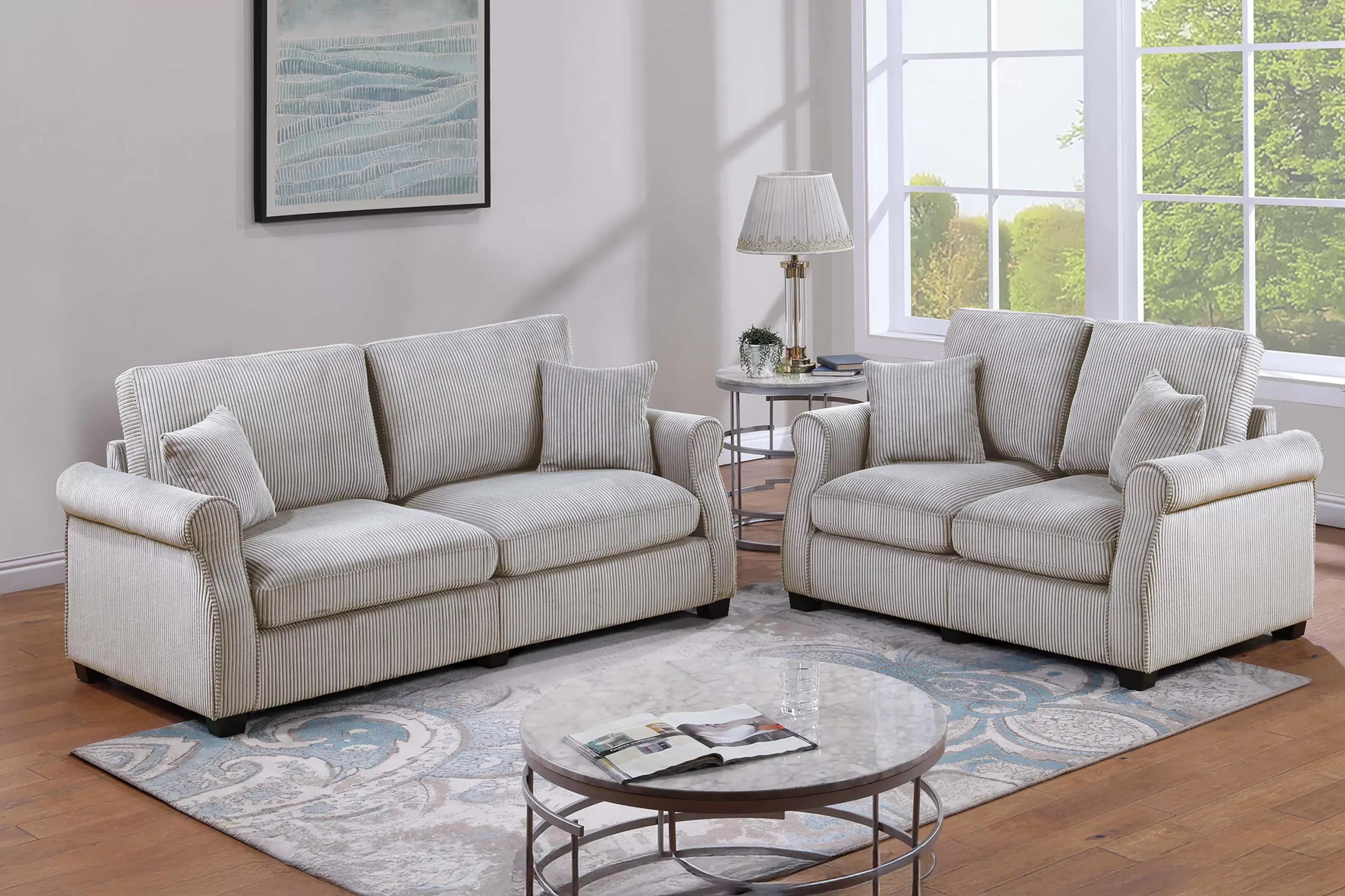 2-Piece Corduroy Sofa & Loveseat Set | Modern Living Room Furniture with Pillows