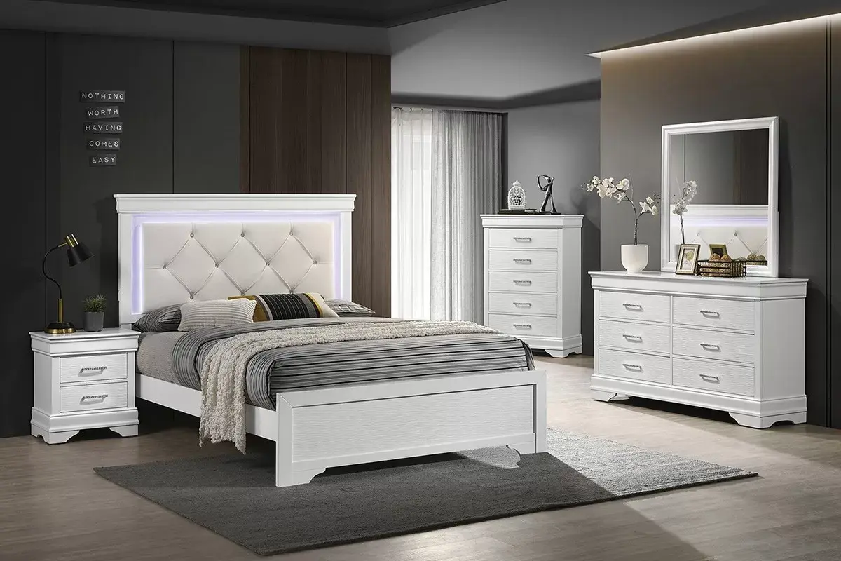 Diamond-Tufted LED Bed Frame