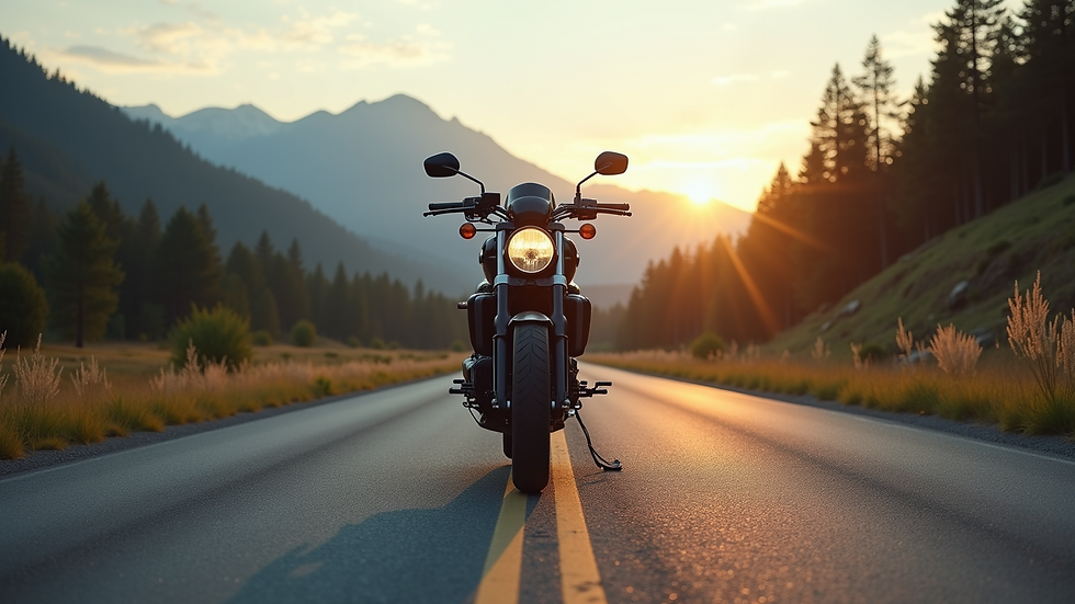 Eye-level view of a motorcycle parked on a scenic road