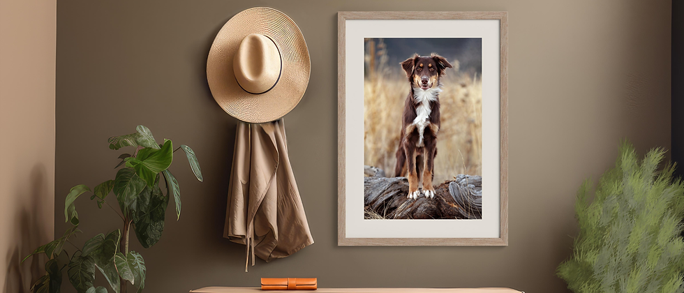 Framed fine art dog portrait on a living room wall — Australian Shepherd standing on a log in a golden field