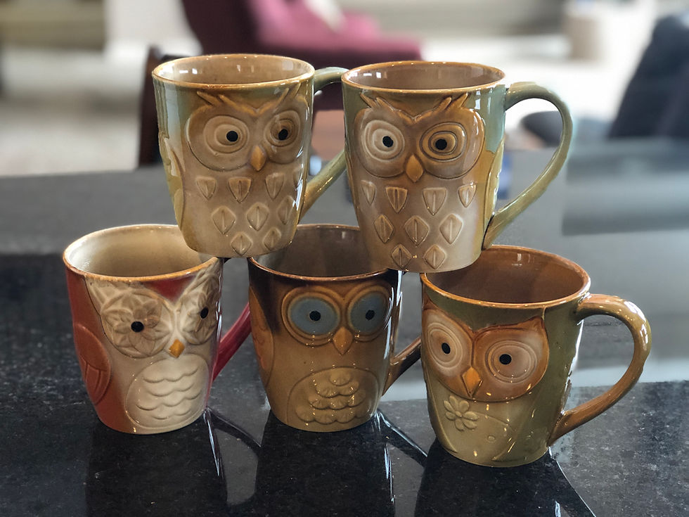 Five owl-themed mugs in muted colors are stacked on a shiny black countertop, with a soft-focus, cozy room in the background.