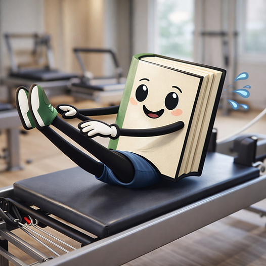 A smiling cartoon book exercises on a Pilates reformer in a gym. The book has arms, legs, and is sweating, conveying a fun workout vibe.