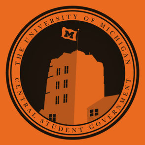 The Central Student Government logo in navy and orange: a silhouette of the Michigan Union circled by the words "The University of Michigan Central Student Government"