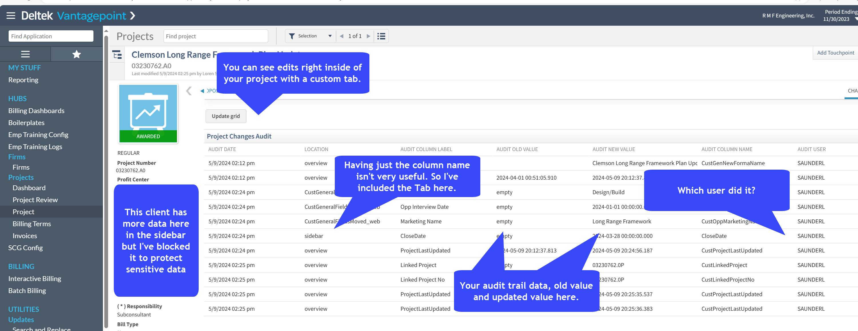 Deltek Vantagepoint - see audit trail history in Projects hub