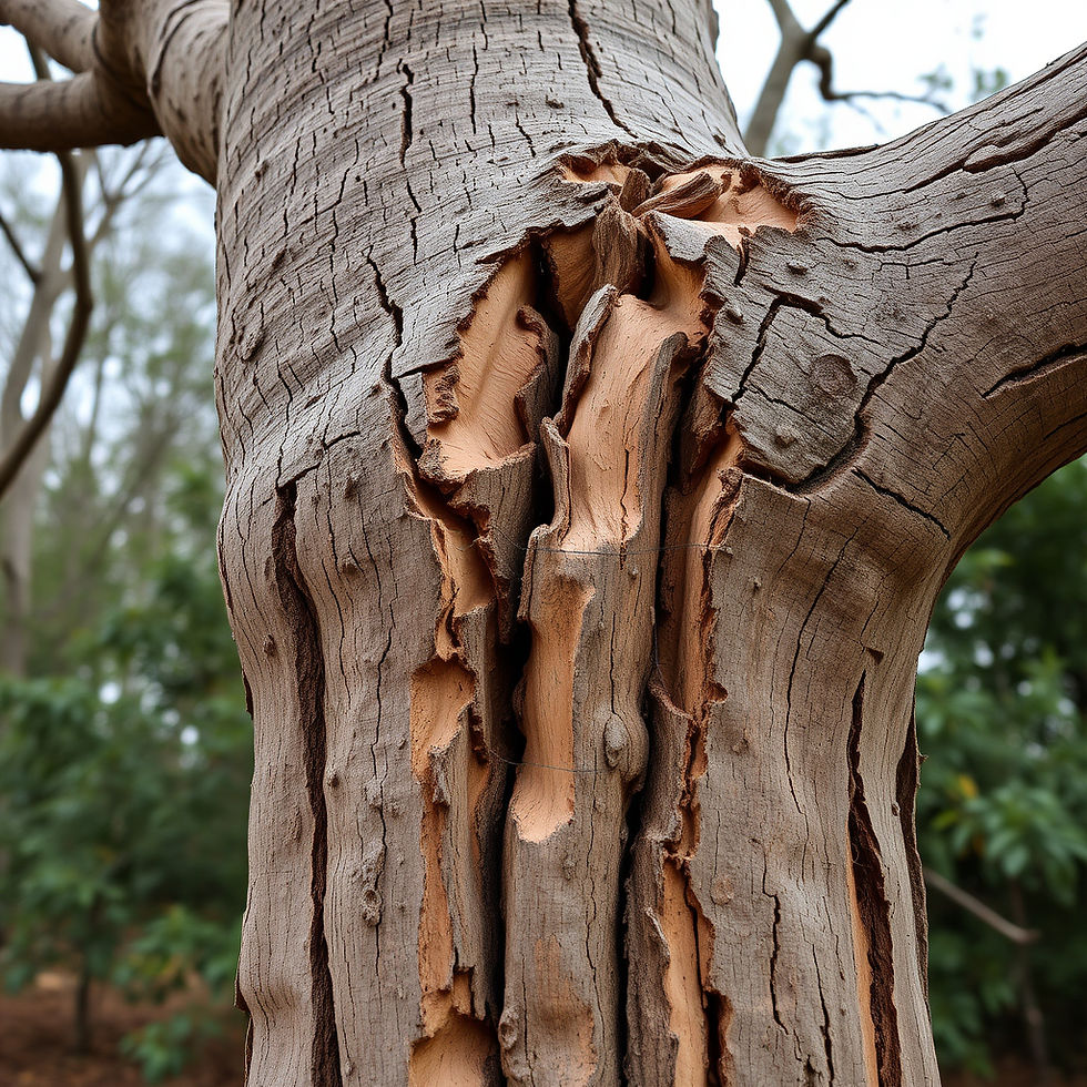 Close-up of a tree trunk with deep cracks, a common warning sign that the tree may be structurally unsafe.
