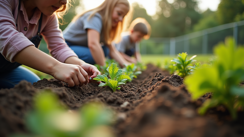 Eye-level view of a school garden with students planting vegetables