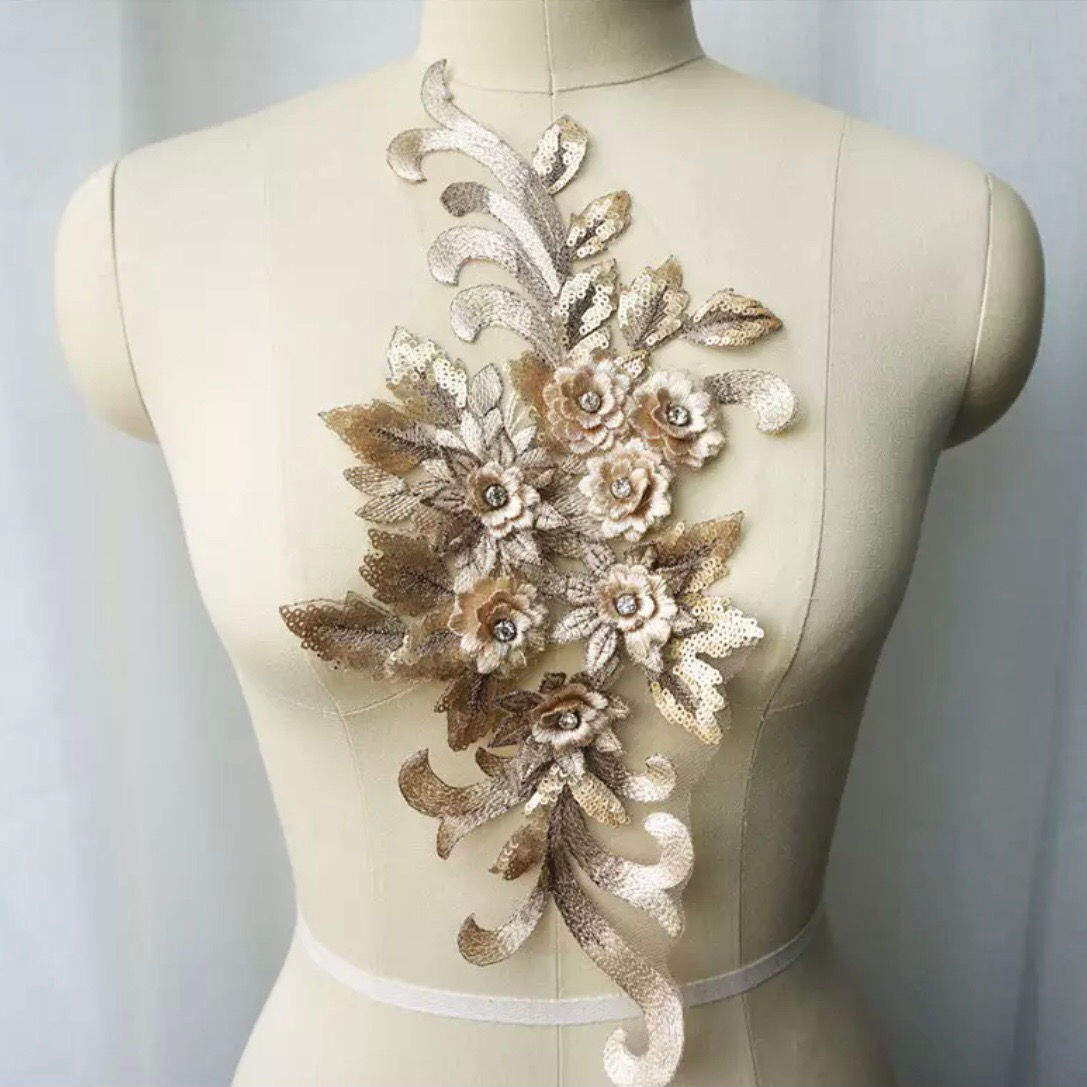 Sequinned 3D Floral Appliqué - Old Gold