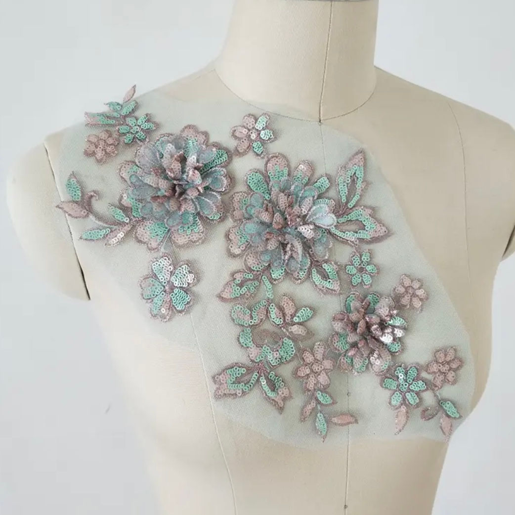 Sequin Floral 3D Appliqué - Blush Mint