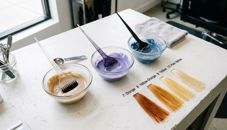 Overhead view of toner bowls and hair swatches arranged by warm and cool tones