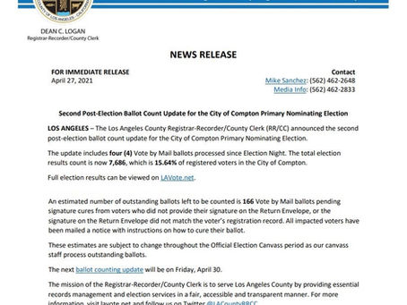 Second Post-Election Ballot Count Update for the City of Compton Primary Nominating Election