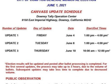 June 1, 2021 Compton Municipal Run-off Election Canvass Schedule