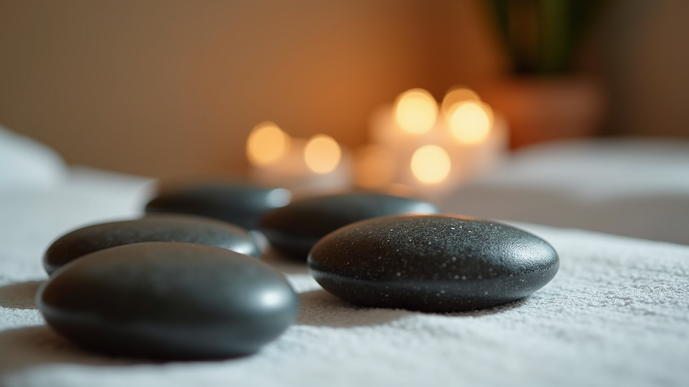 Close-up view of smooth hot stones arranged on a massage table