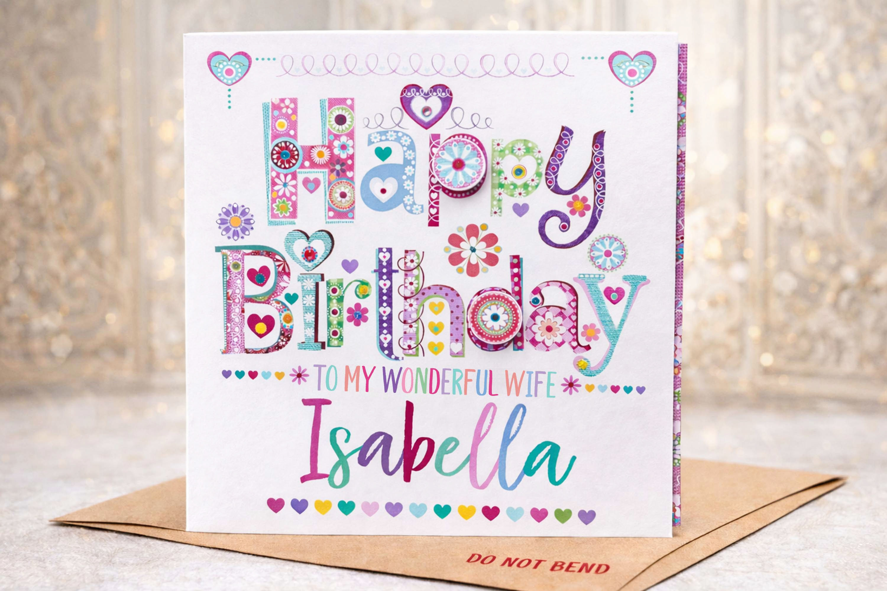 Personalised Wife Birthday Card, Colourful Handmade Design, Custom Name