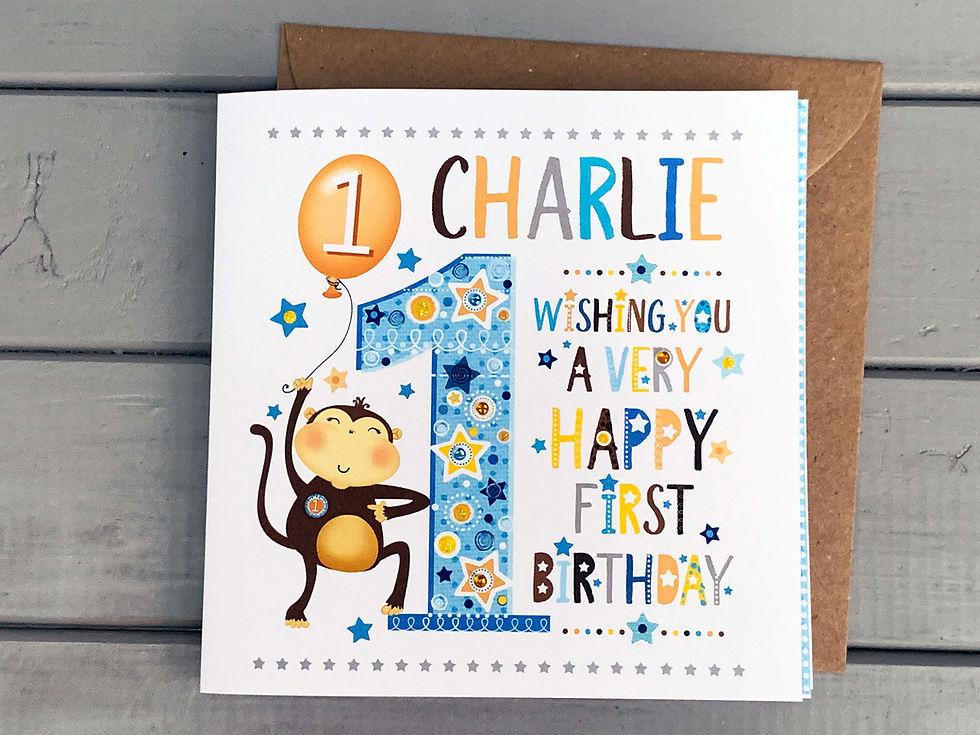 Personalised boys First  Happy Birthday cheeky monkey card
