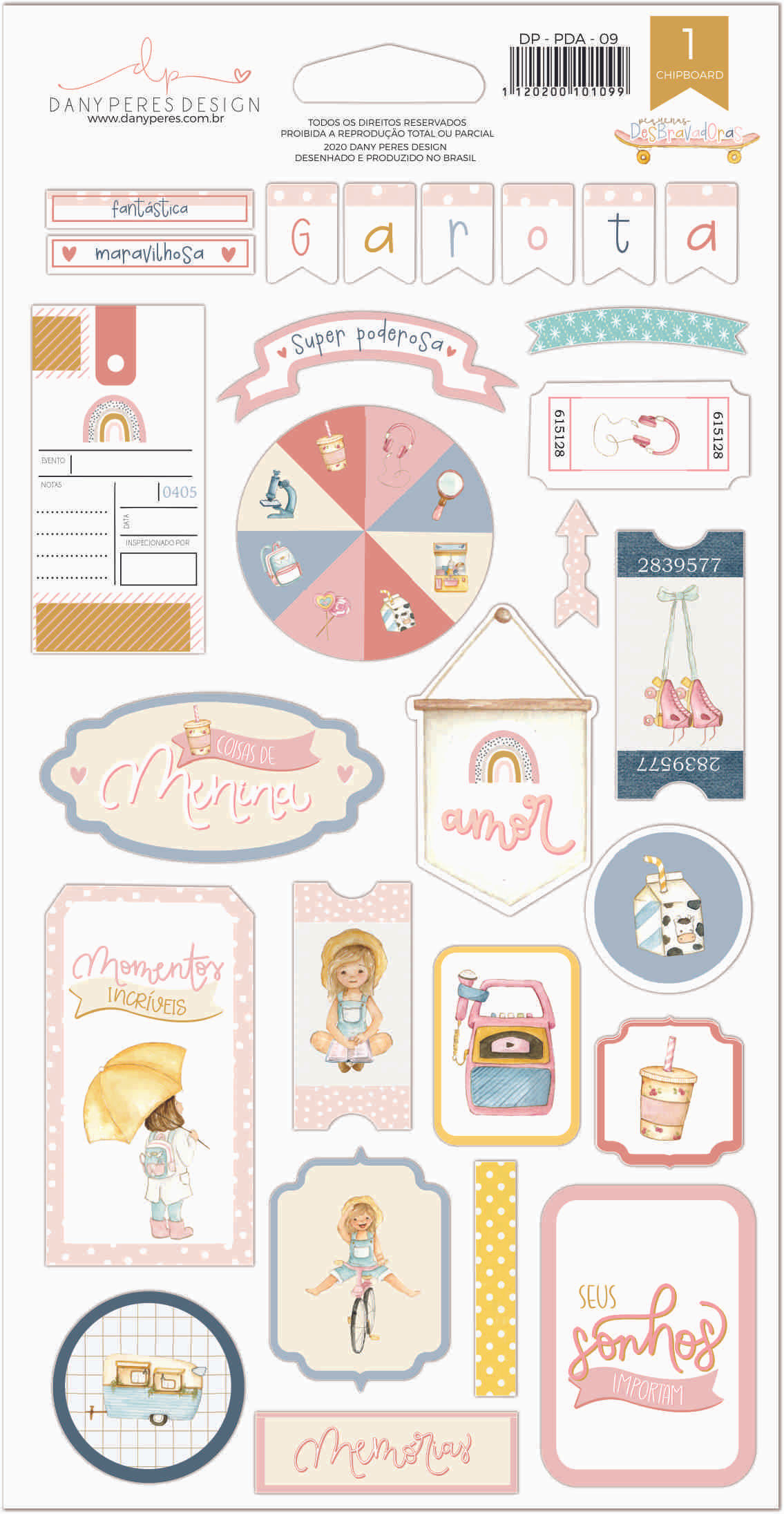 Kit com 3 Chipboards Estampados Adesivados Pequenas Desbravadoras