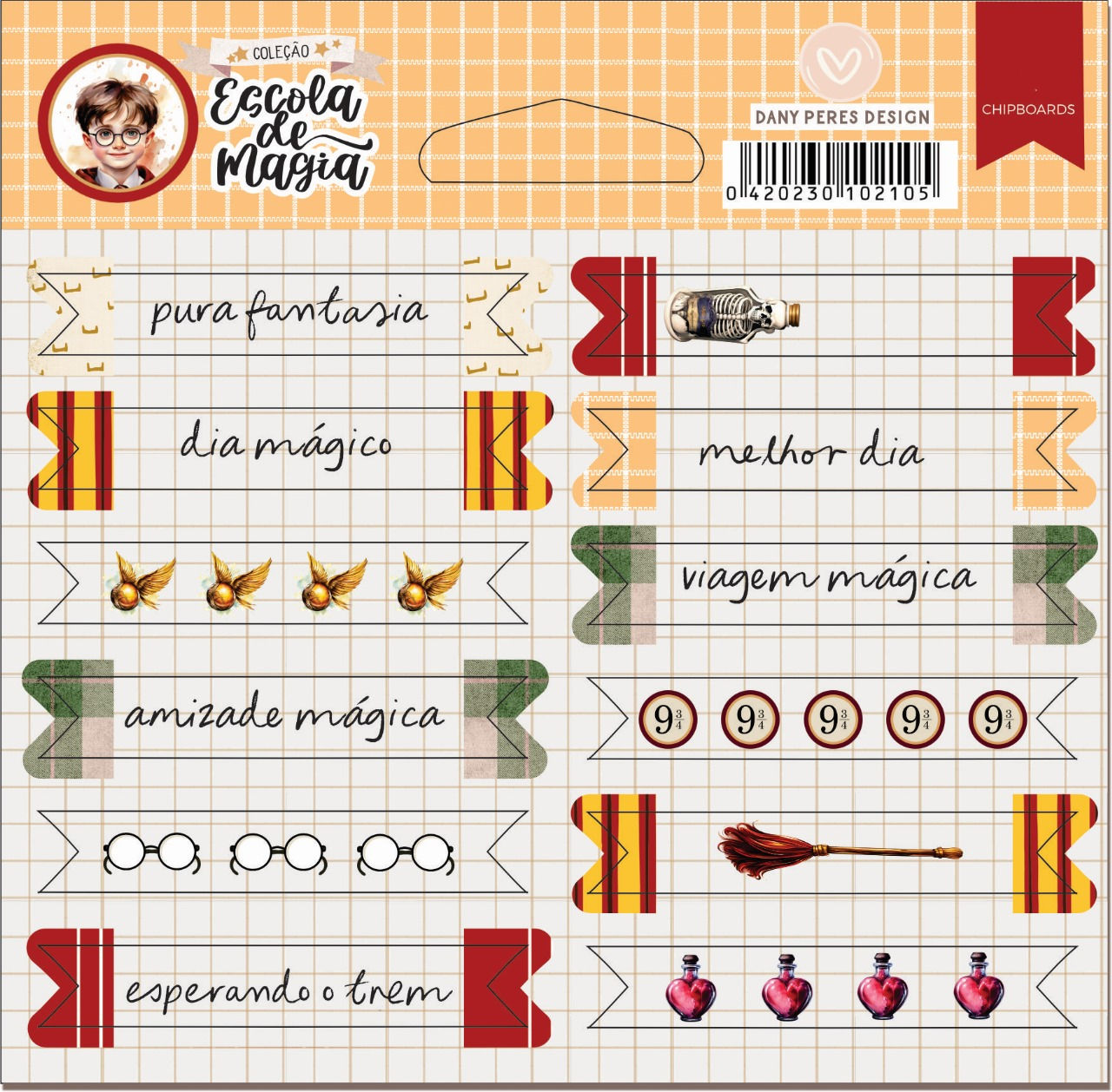 Tirinhas em Chipboard Adesivado - Escola de Magia