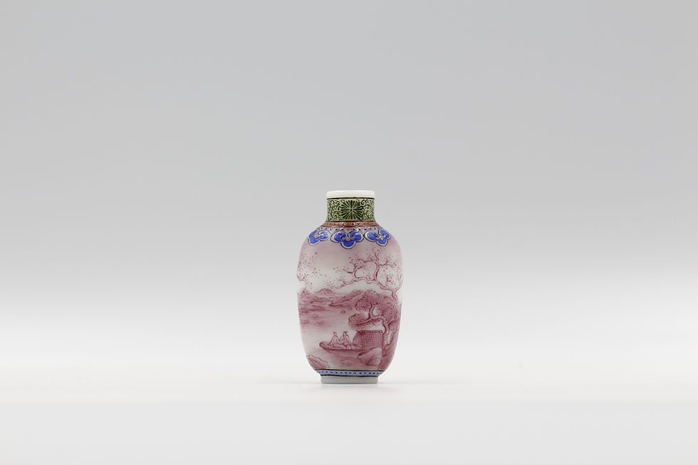 Thumbnail: Snuff bottle - Enameled Glass - Landscape - Signed by apocryphal Qianlong Reign
