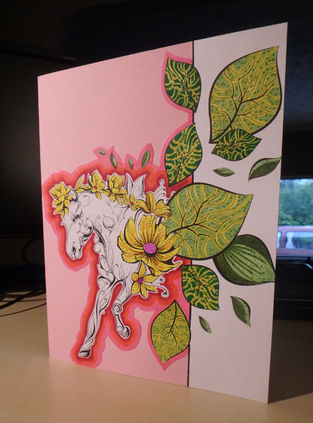 horse with leaves and flowers on a pink background