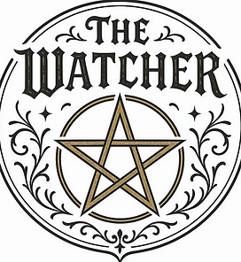 logo ésotérique Thewatcher avec pentagramme doré et ornements mystiques sur fond blanc