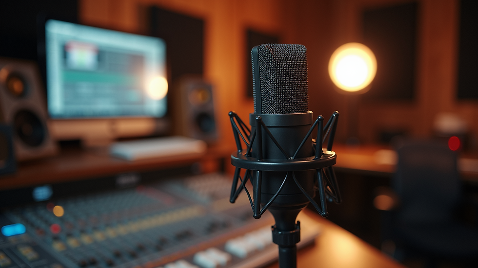 Vue en plongée d’un studio d’enregistrement avec un microphone et une console