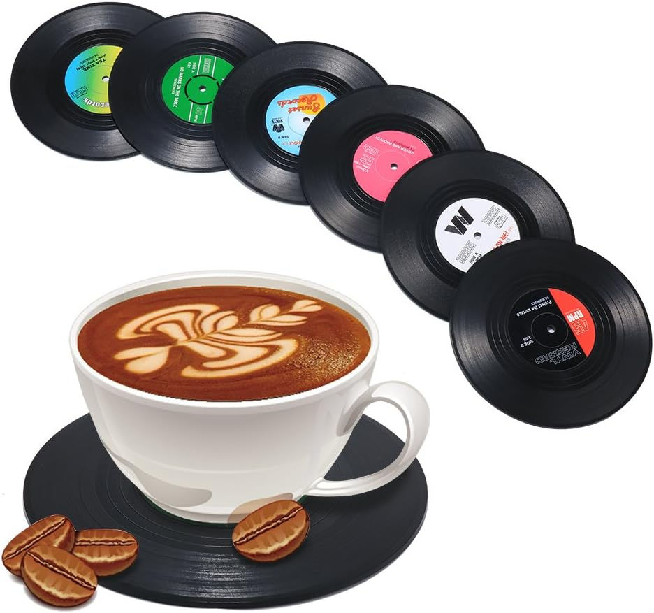 Thumbnail: Record Coasters for Drinks, Funny, Absorbent, Novelty 6 Pieces Vinyl Disk Coast