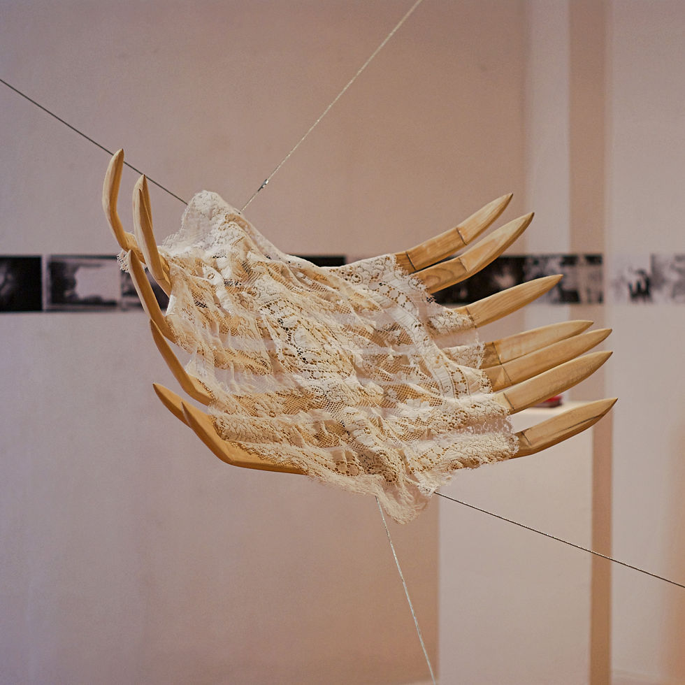 Growing A Ribcage (1/3). A large wooden ribcage is suspended in a room. It has a lace fabric spread over the ribs.