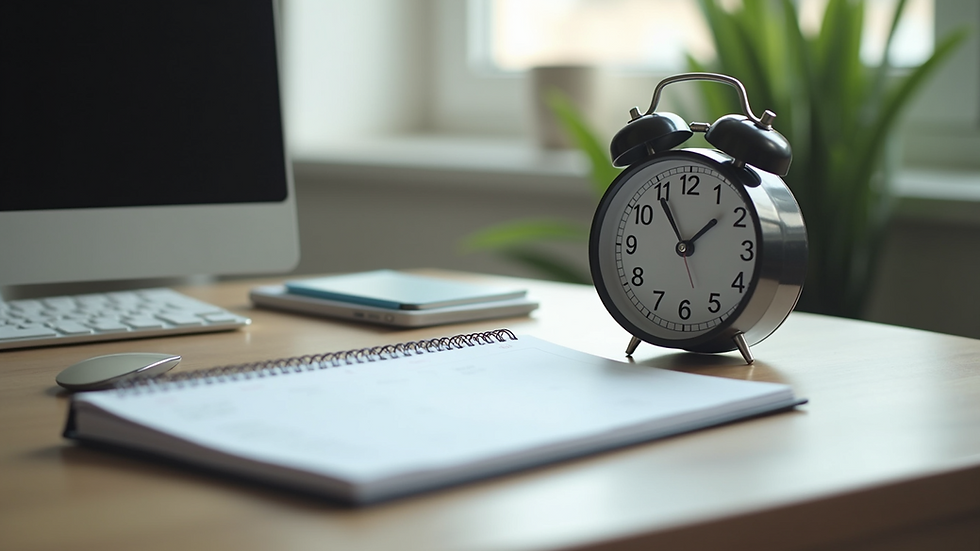 Eye-level view of a neatly organized desk with a planner and clock
