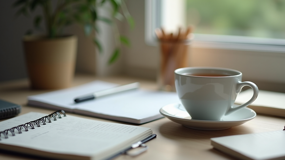 Eye-level view of a tidy study desk with a planner and a cup of tea