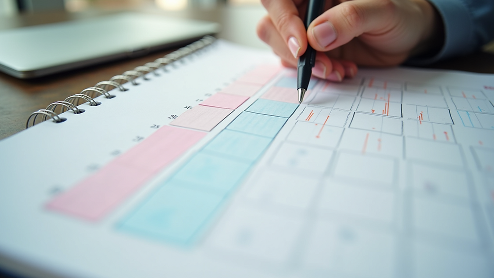 Close-up of a calendar planner with color-coded study blocks