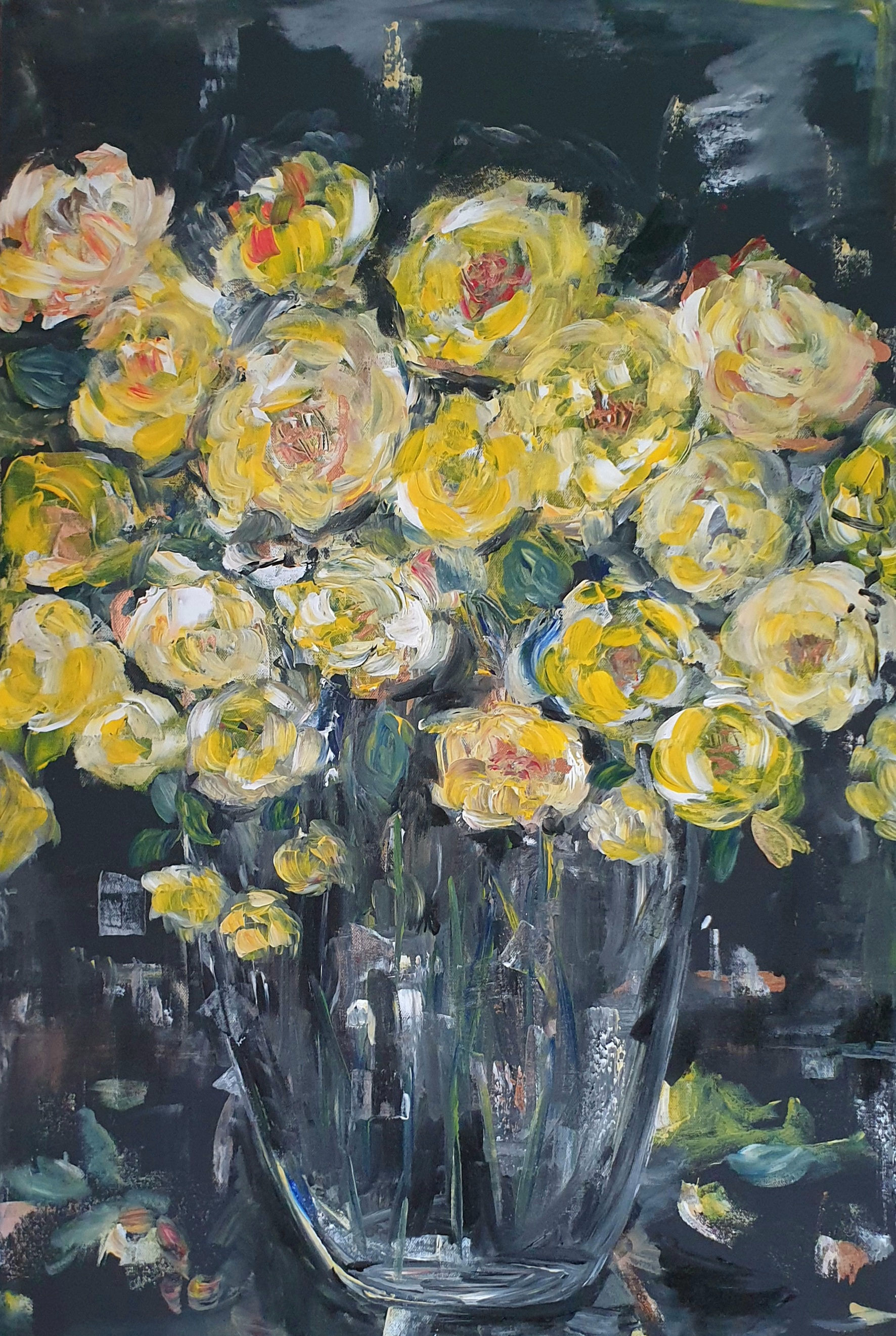 "Yellow roses on black"  60 x 90cm