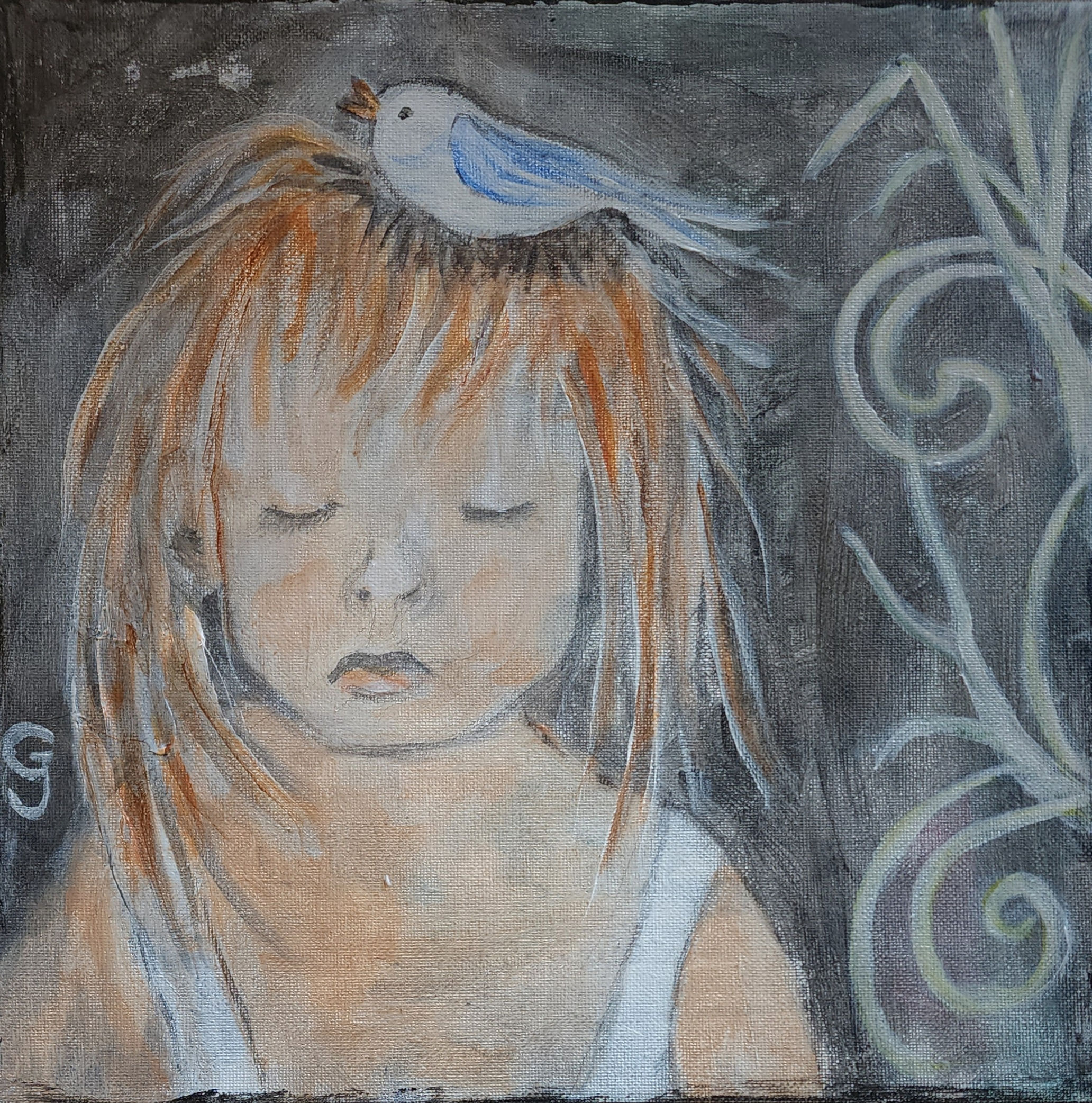"Girl and bird 3" 30 x 30cm